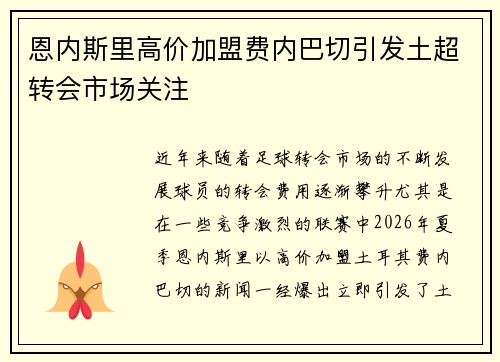 恩内斯里高价加盟费内巴切引发土超转会市场关注 恩内斯里高价加盟费内巴切引发土超转会市场关注