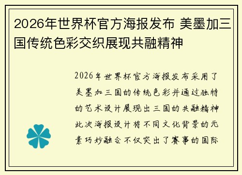 2026年世界杯官方海报发布 美墨加三国传统色彩交织展现共融精神 2026年世界杯官方海报发布 美墨加三国传统色彩交织展现共融精神