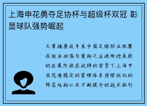 上海申花勇夺足协杯与超级杯双冠 彰显球队强势崛起 上海申花勇夺足协杯与超级杯双冠 彰显球队强势崛起