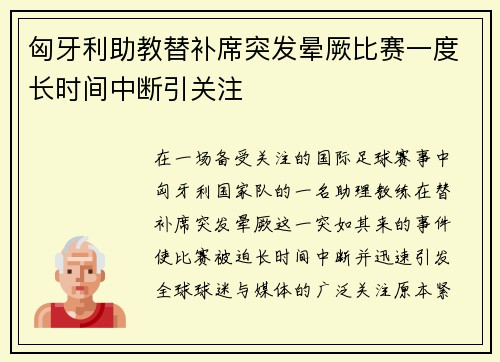 匈牙利助教替补席突发晕厥比赛一度长时间中断引关注